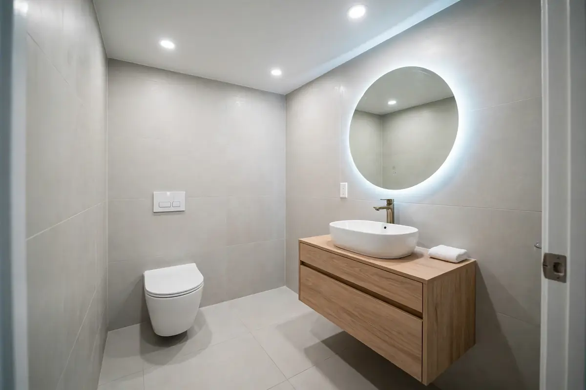Small bathroom remodel: cramped dated bath opened up with floating vanity