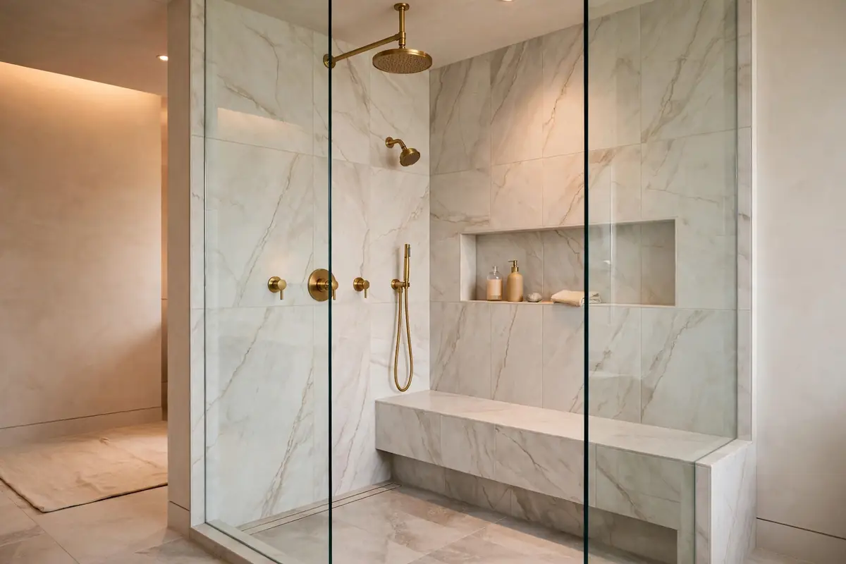 Tub to shower conversion in Tampa with frameless glass and marble tile