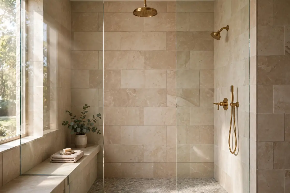 Luxury walk-in shower installation in Tampa with brass rainfall showerhead
